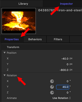 The Inspector adds 3D rotation or position changes.