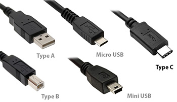 Five types of USB connectors.