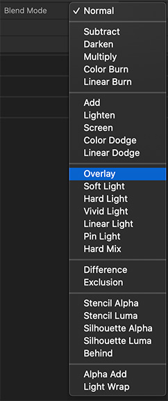 Blend mode options from Apple Motion.