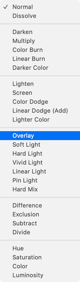 Blend mode options in Photoshop.